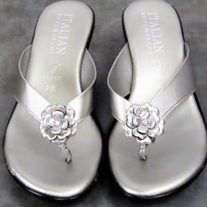 Italian shoemakers silver thong flower sandals